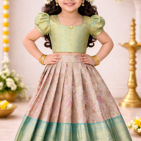 Kids Kanchipuram Tissue Silk Lehenga Choli in Pistachio and Blush Pink with Teal Border (3-4 Years)