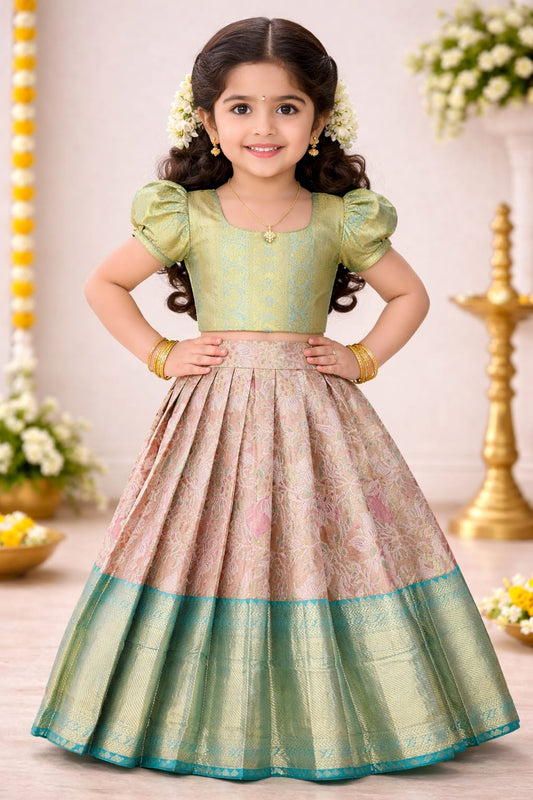 Premium Kids Lehenga Choli – Pure Kanchipuram Tissue Silk  (Size: 3 - 4 years age)