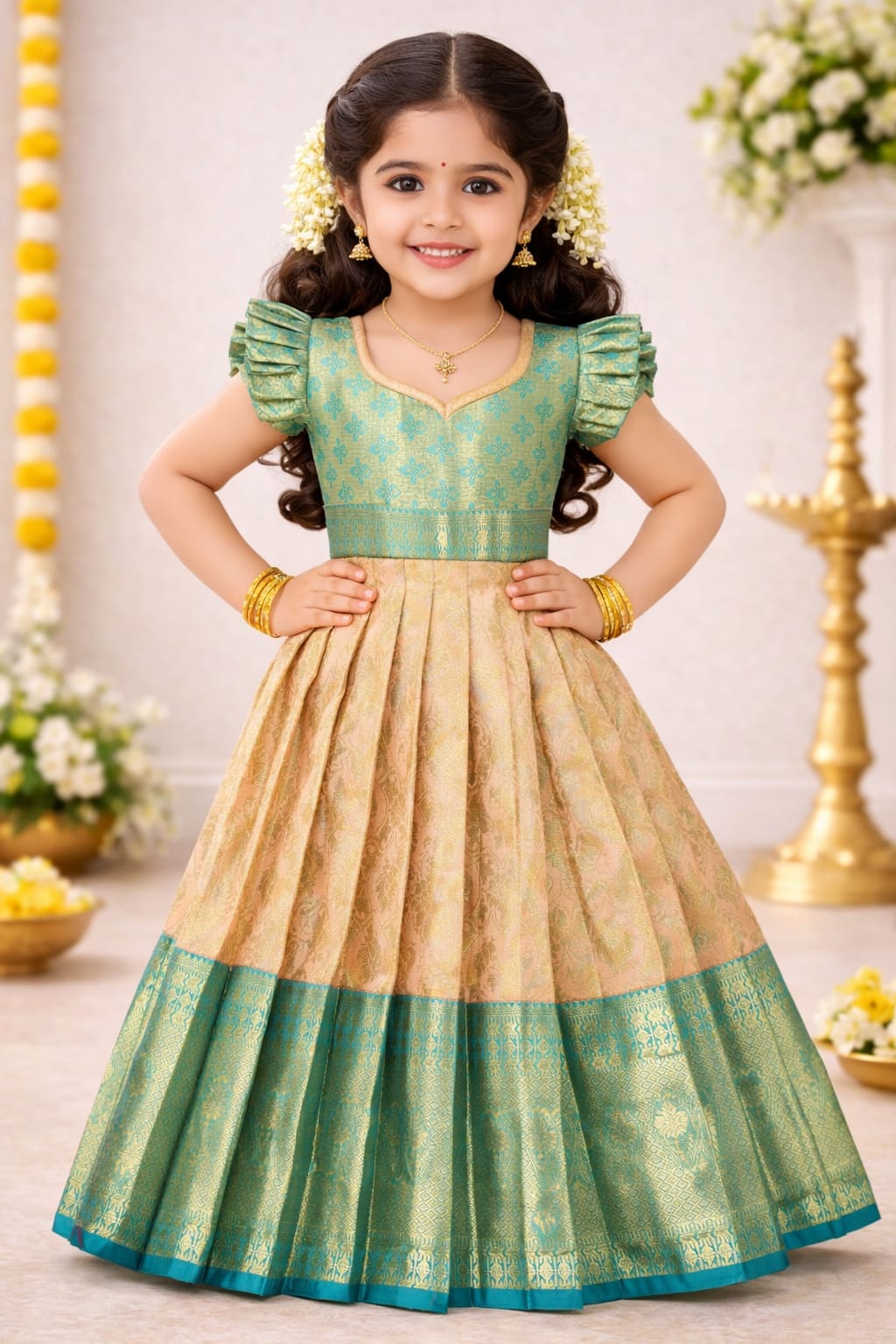 Premium Kids Lehenga Choli – Pure Kanchipuram Tissue Silk  (Size: 0 - 3 years age)