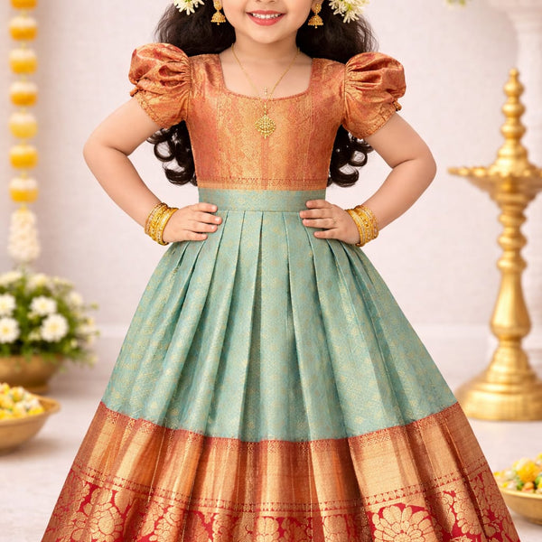 Kids Kanchipuram Tissue Silk Lehenga Choli in Sage Green and Copper with Red Zari Border (3-4 Years)