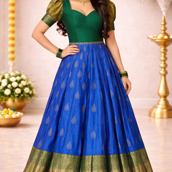 Kanchipuram Pure Silk Lehenga Choli in Royal Blue with Green Blouse and Gold Teardrop Motifs (Size 36-40)