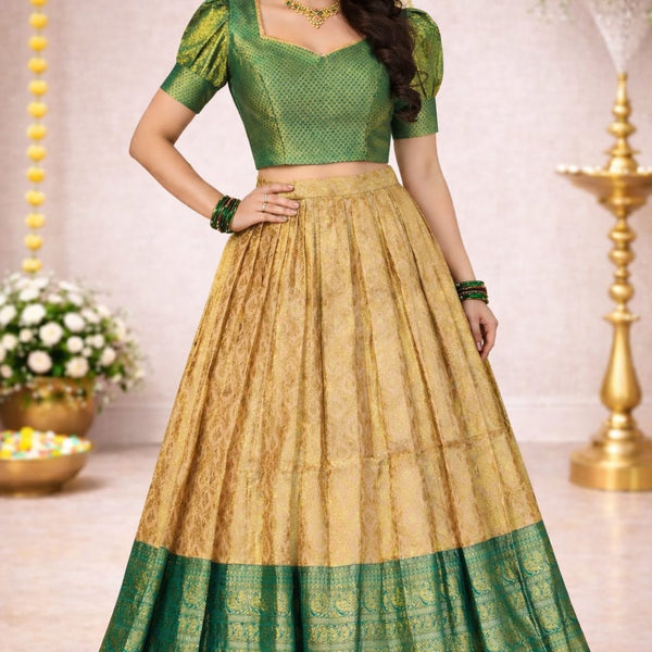 Kanchipuram Pure Silk Lehenga Choli in Antique Gold with Peacock Green Border (Size 36-40)
