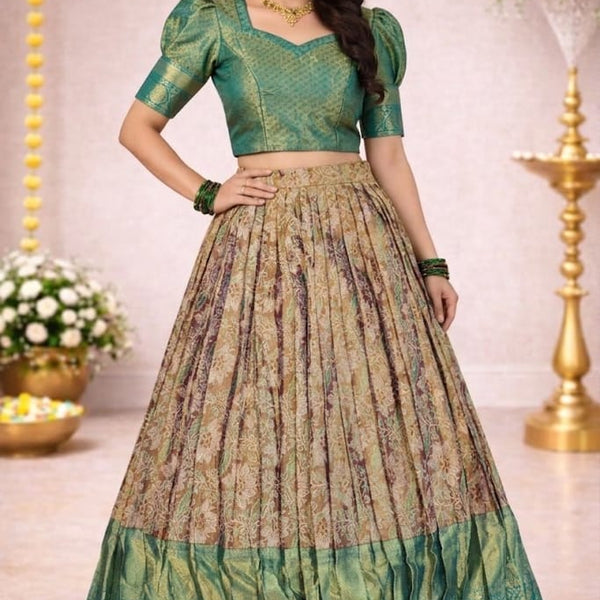 Kanchipuram Pure Silk Lehenga Choli in Mauve Floral Brocade with Teal Zari Border (Size 36-40)