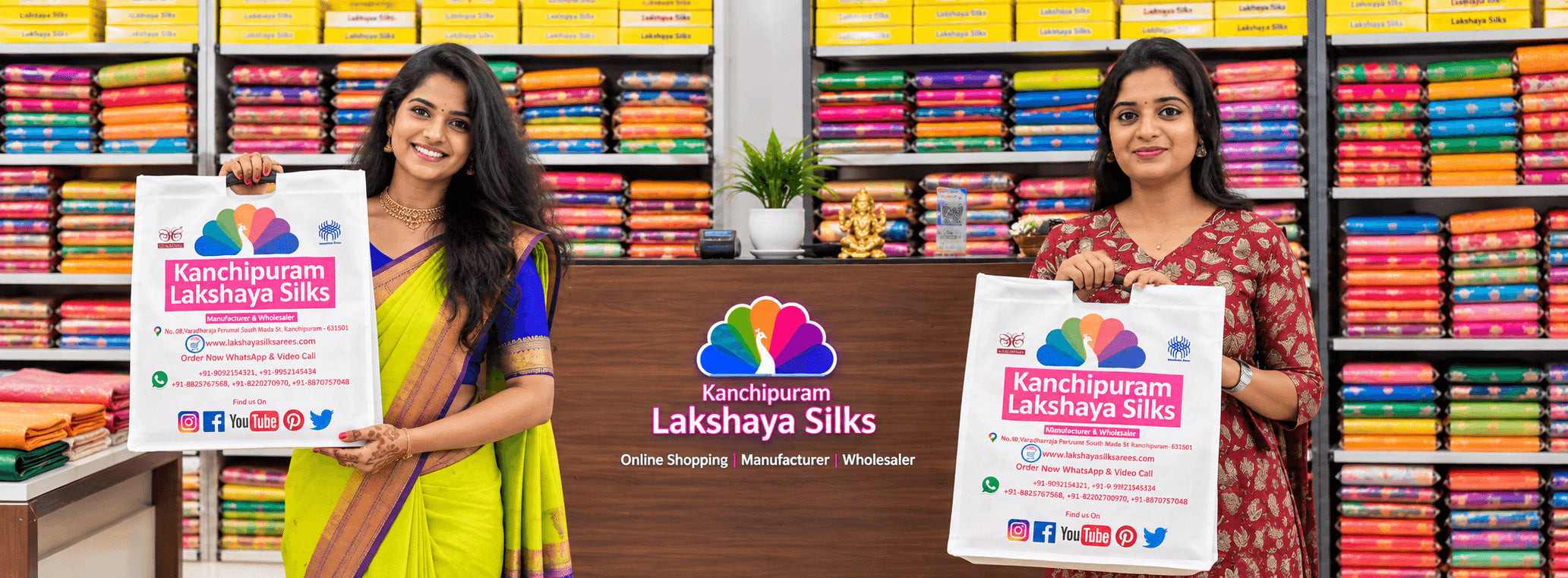 Kanchipuram Lakshaya Silks staff with shopping bags