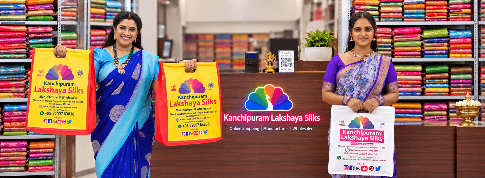 Kanchipuram Lakshaya Silks team with shopping bags