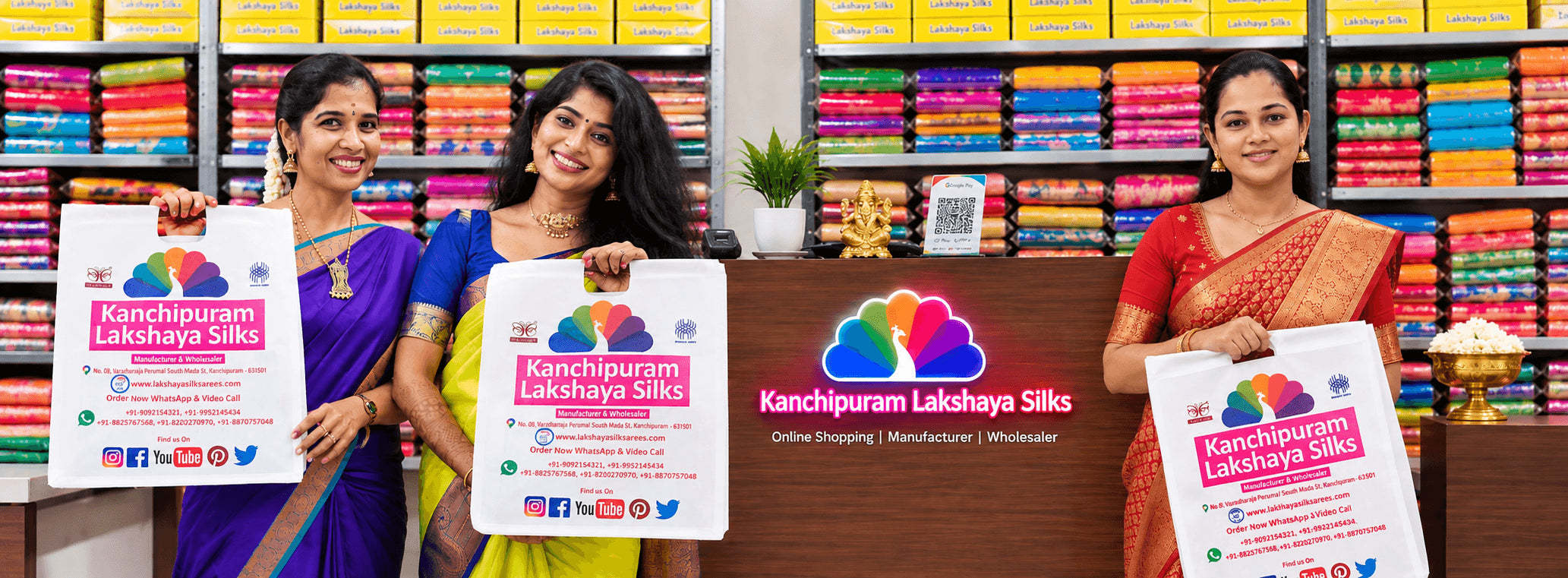 Kanchipuram Lakshaya Silks team with shopping bags